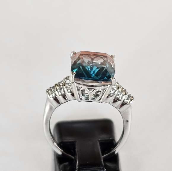 Aqua Colorful Terra Costa Quartz Triplet & White Zircon Ring in 925! Size 7 New - Picture 11 of 14